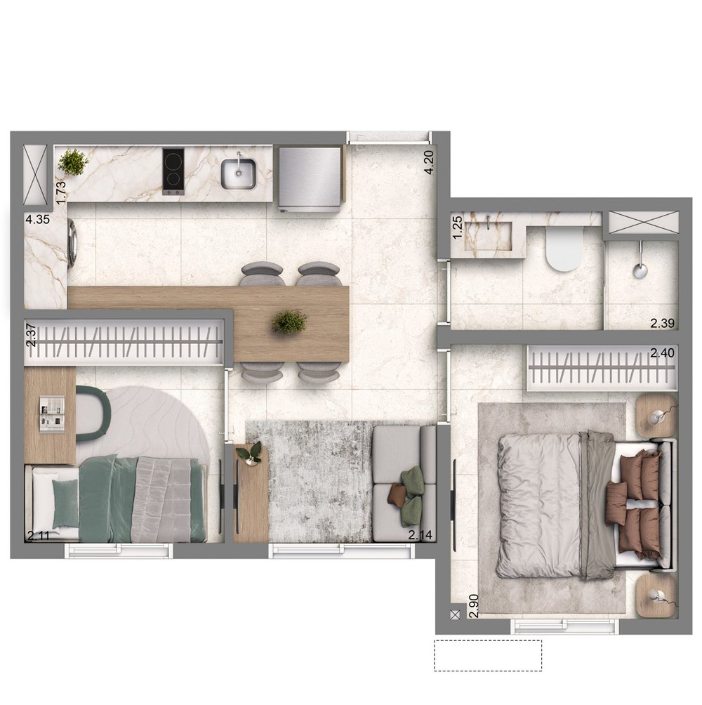 Planta ilustrada — 2 dormitórios, aprox. 32 m²