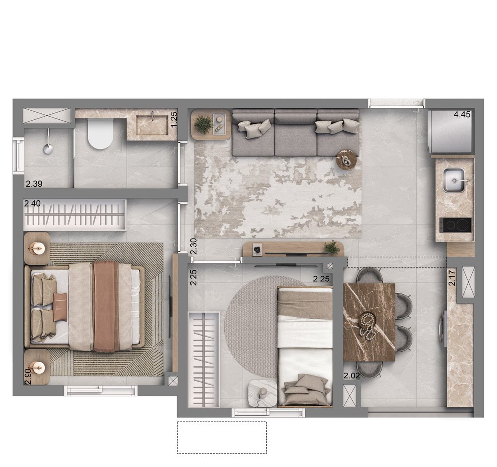 Planta ilustrada — 2 dormitórios, aprox. 34 m²