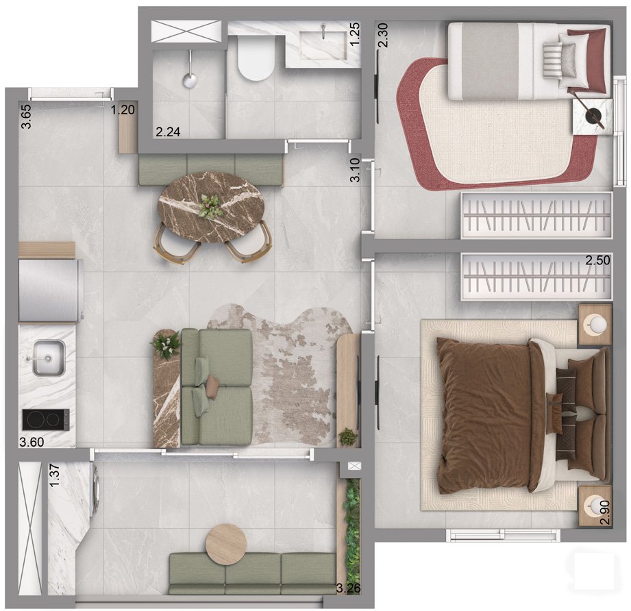 Planta ilustrada — 2 dormitórios com terraço, aprox. 37 m²