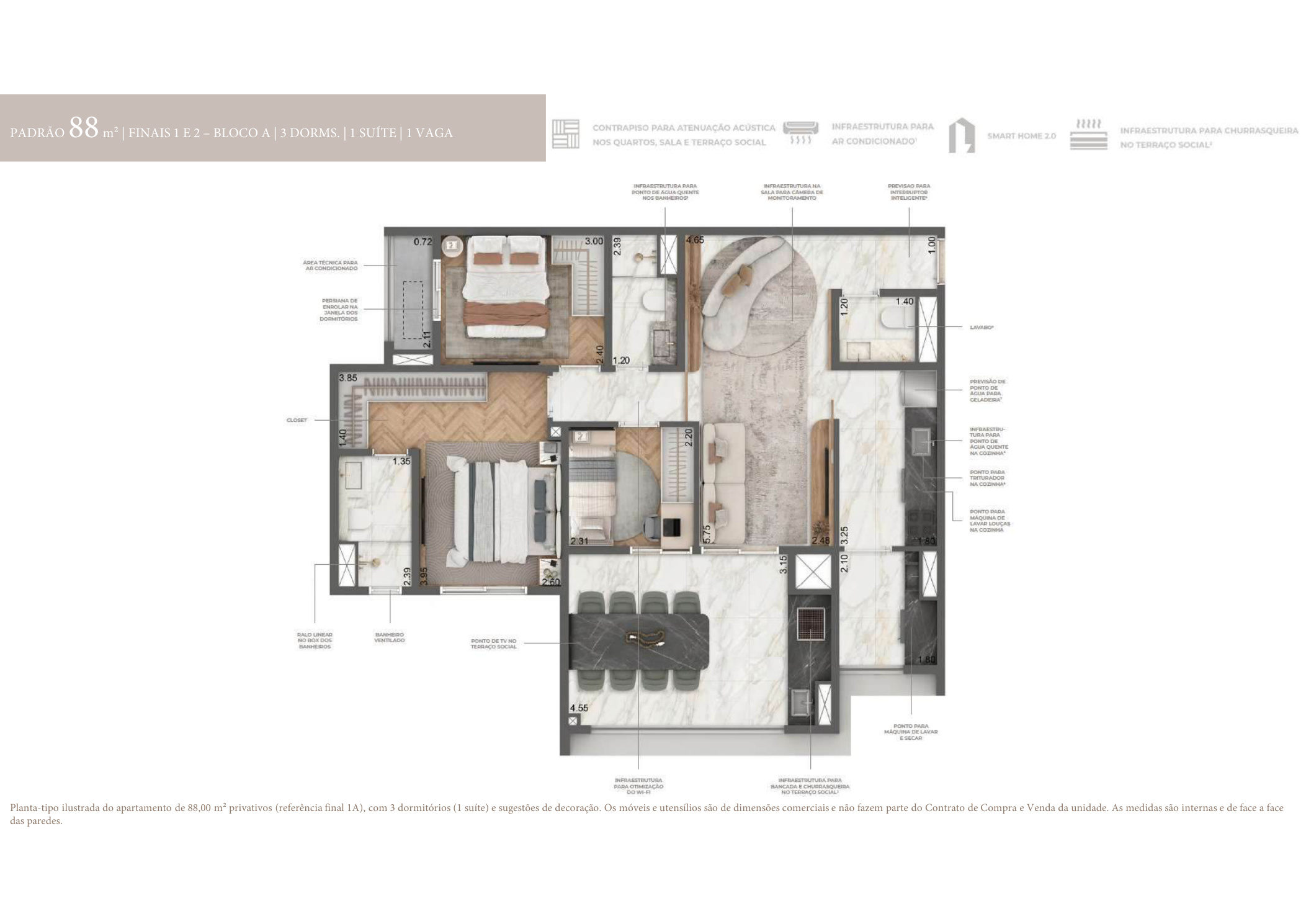 Planta 88,00 m² Bloco A